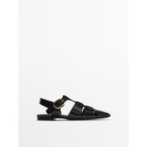 Massimo Dutti 'Cage' Black Leather Sandals With Buckle Size 7